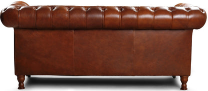 Vintage Sofa Company Chester Oliato 2 Seater Sofa features premium Oliato rich brown leather upholstery with deep button tufting and traditional turned wooden legs