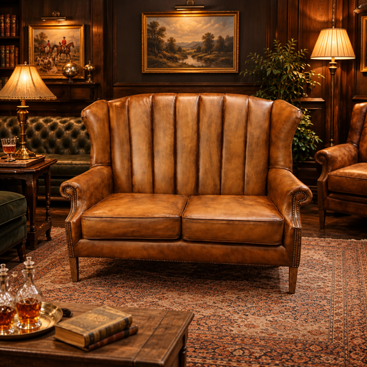 Vintage Sofa Company Clive Fluted Wing 2 Seater in Distressed Antique Leather shown complete in a square lifestyle room photograph