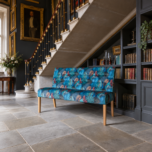Vintage Sofa Company Colin 3 Seater Bench in Kingfisher Fabric and Bottle Green Leather showing the complete product in a room setting