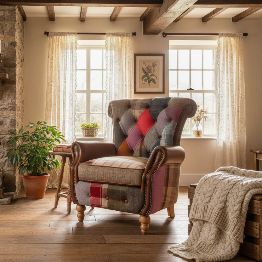 Vintage Sofa Company Dickinson Armchair Upholstered In Patchwork fabrics & Cerato Brown Leather, with brass stud detailing, high back with button tufting, and turned wooden legs