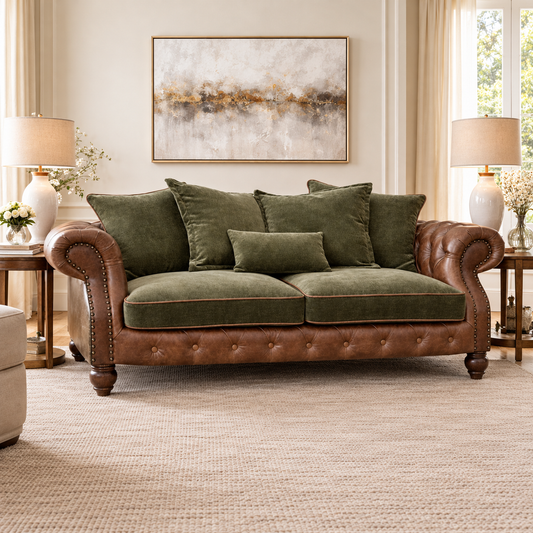 Vintage Sofa Company Elford 3 Seater Sofa in Verona Seaweed & Fudge Leather Arms shown complete in a square lifestyle room photograph