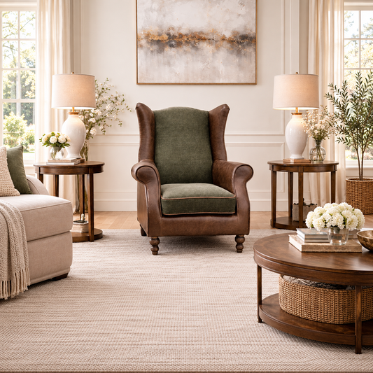 Vintage Sofa Company Elford Armchair Verona Seaweed & Fudge Leather shown complete in a square lifestyle room photograph