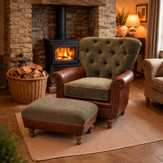 Vintage Sofa Company Elford Footstool Small shown complete in a square lifestyle room photograph