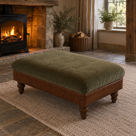 Vintage Sofa Company Elford Footstool shown complete in a square lifestyle room photograph