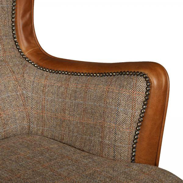 Vintage Sofa Company Ellis 2 Seat Sofa in Hunting Lodge Harris Tweed Fabric with Tan Leather accents and brass stud detailing 