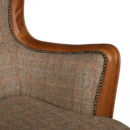 Vintage Sofa Company Ellis 2 Seat Sofa in Hunting Lodge Harris Tweed Fabric with Tan Leather accents and brass stud detailing 