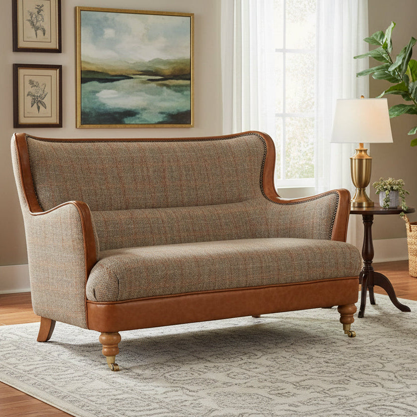 Vintage Sofa Company Ellis 2 Seater Sofa Upholstered in Hunting Lodge Harris Tweed Fabric with Tan Leather Trim and brass stud detailing