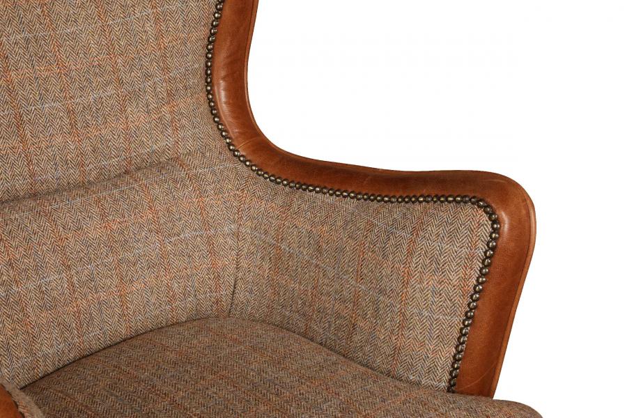 Vintage Sofa Company Ellis Chair in Hunting Lodge Harris Tweed Fabric with tan leather trim and brass stud detailing