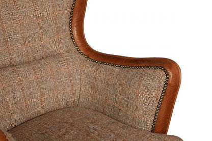 Vintage Sofa Company Ellis Chair in Hunting Lodge Harris Tweed Fabric with tan leather trim and brass stud detailing