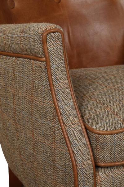 Vintage Sofa Company Elston Chair in Hunting Lodge Harris Tweed Fabric and Tan Leather with piping detail and tapered wooden legs
