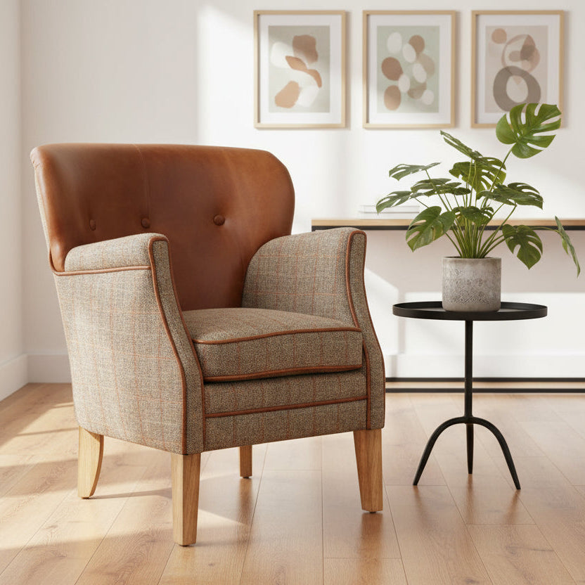 Vintage Sofa Company Elston Chair is upholstered in Hunting Lodge Harris Tweed Fabric with Tan Leather backrest and piping detail