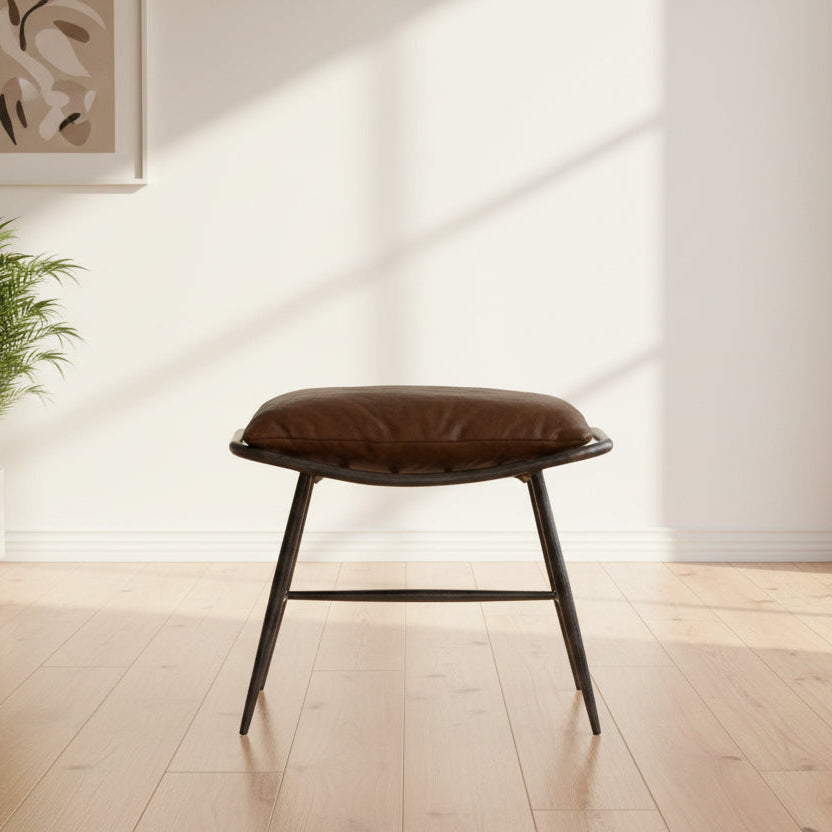 Vintage Sofa Company Ely Studio Stool with brown leather cushion and black metal frame