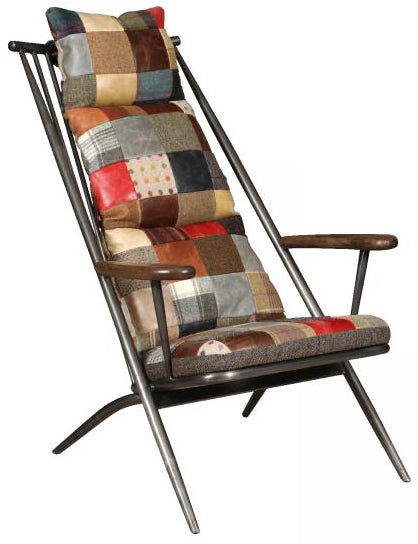 Vintage Sofa Company Ely Patchwork Studio Chair features a sleek black metal frame that both reclines and folds for storage, with padded patchwork seat and back cushions