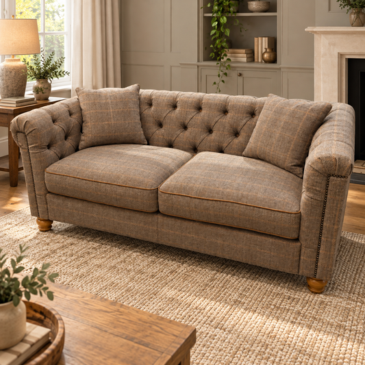 Vintage Sofa Company Eyam 2 Seater Sofa in Harrington Tweed shown complete in a square lifestyle room photograph
