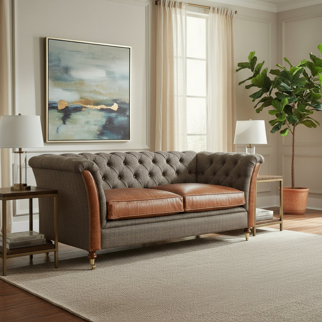 Vintage Sofa Company Granby 2 Seat Sofa in Moreland Harris Tweed Fabric with Tan Leather seat cushions and arm detailing, deep button tufting across the backrest and arms, and turned wooden feet with castors