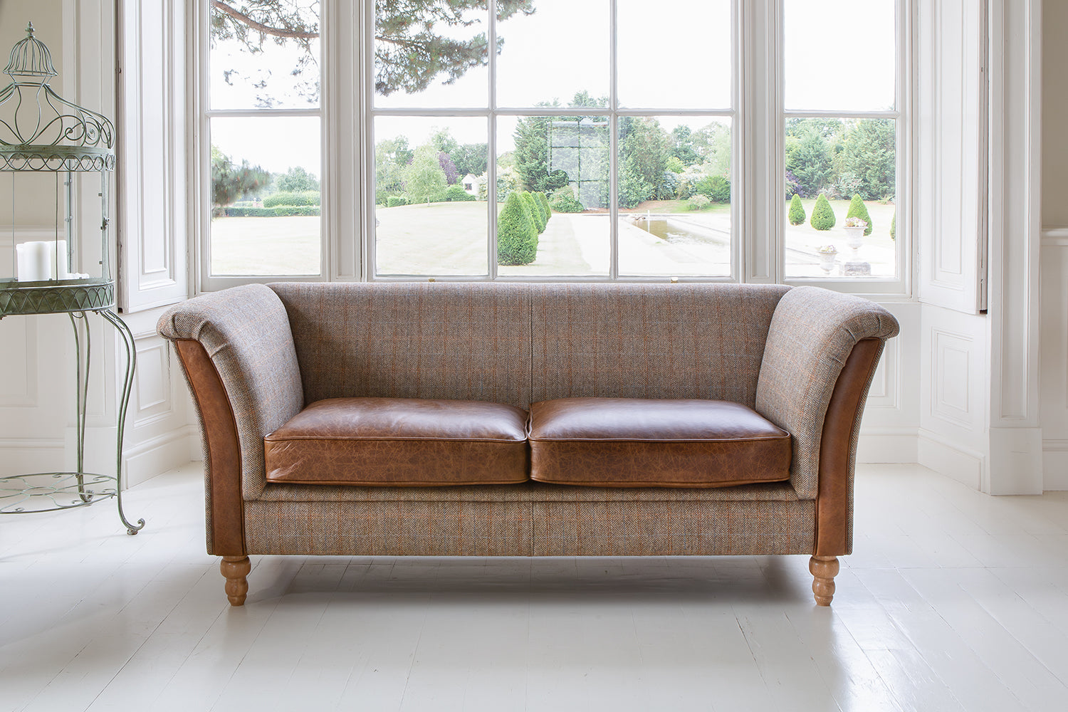 Vintage Sofa Company Granby 2 Seater Plain Back Neutral Fabric Sofa with Tan Leather seat cushions and arm panels
