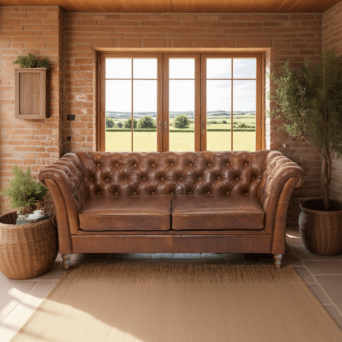 Vintage Sofa Company Granby 2 Seater Sofa in Tan Leather with deep button tufting, rolled arms and turned wooden legs