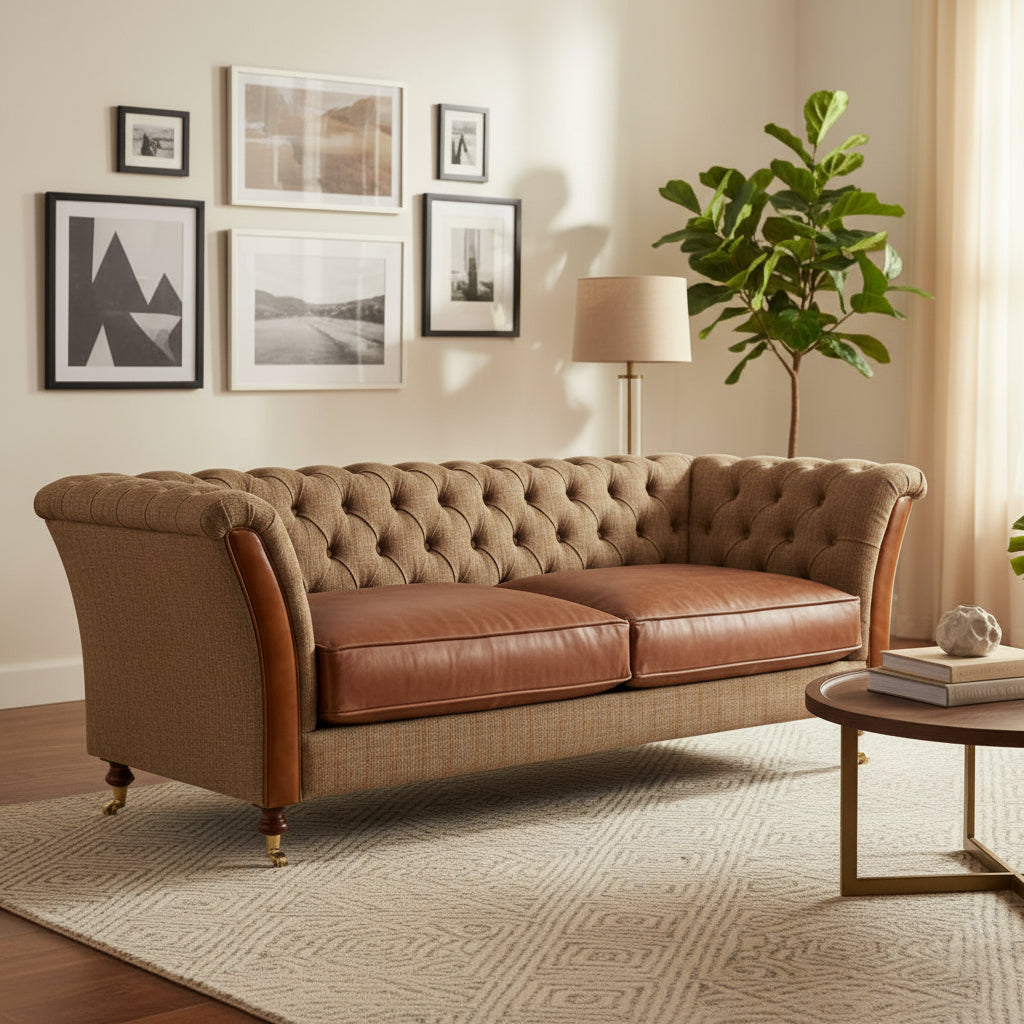 Vintage Sofa Company Granby 3 Seat Sofa Upholstered in Hunting Lodge Harris Tweed Fabric with deep button tufting, and Leather deep filled seat cushions, with matching arm panels