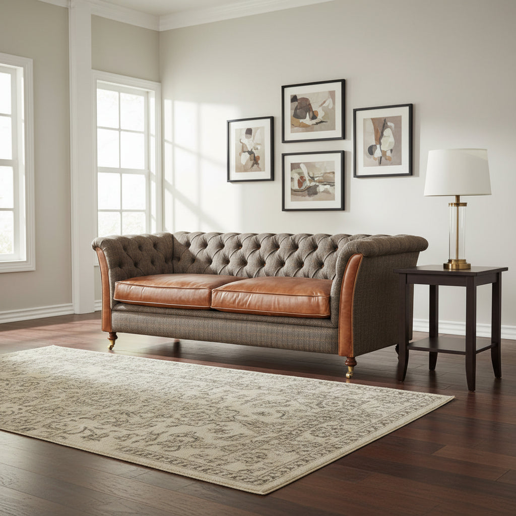 Vintage Sofa Company Granby 3 Seater Sofa in Moreland Harris Tweed Fabric with tan brown Leather cushions and arm detailing. 