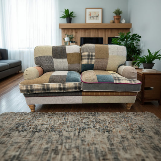 Vintage Sofa Company Hawksworth 2 Seater Sofa upholstered in a patchwork fabric with a mix of tweeds, velvets and checks to create a one off piece. Plush cushions, rounded armrests and turned wooden legs 
