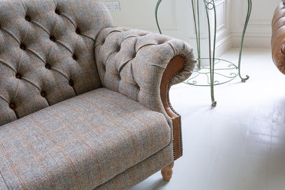 Vintage Sofa Company Haworth 2 Seater Sofa in Hunting Lodge tweed fabric with deep button tufting to the back and arms