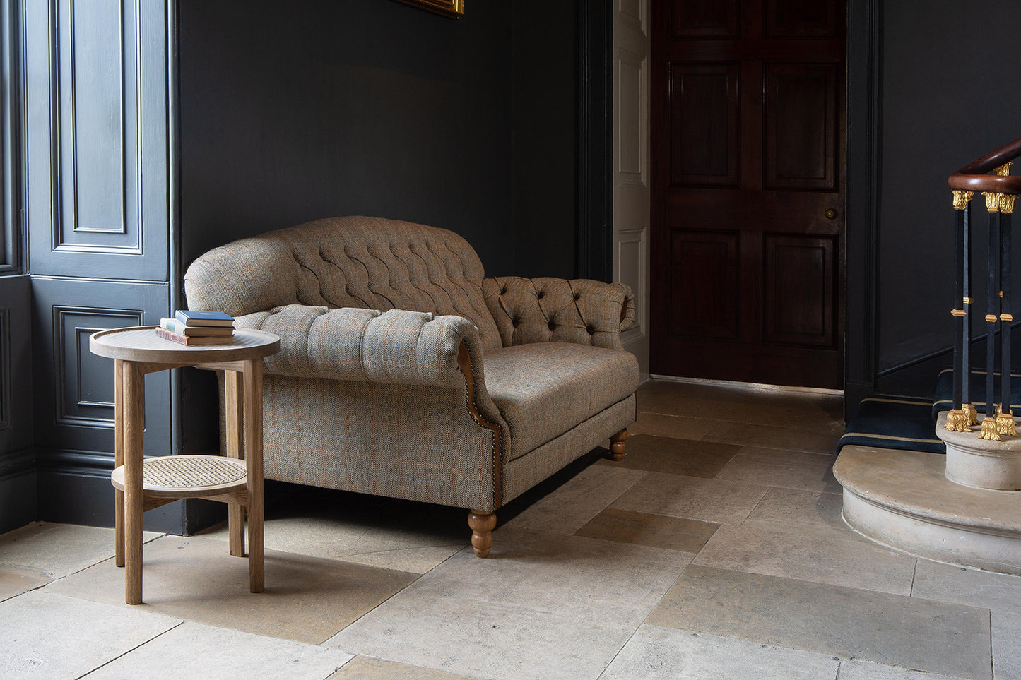 Vintage Sofa Company Haworth 3 Seater Sofa in Hunting Lodge Tweed fabric with button tufting and scrolled arms