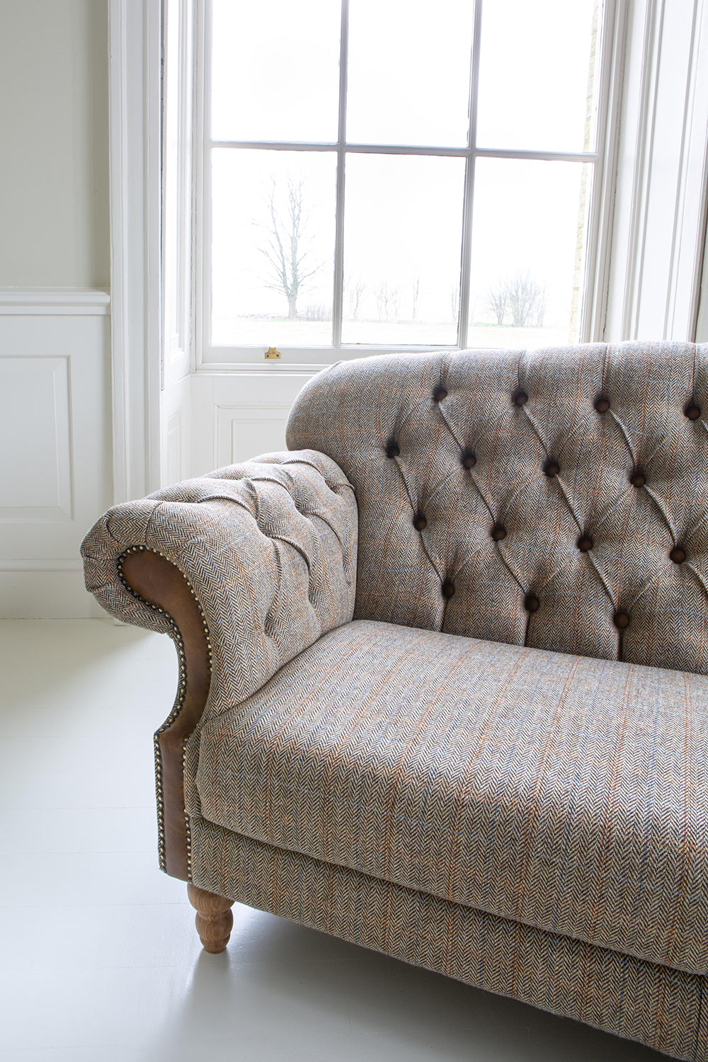 Vintage Sofa Company Haworth 3 Seater Sofa in Hunting Lodge tweed fabric with deep button tufting, scrolled arms and turned wooden legs