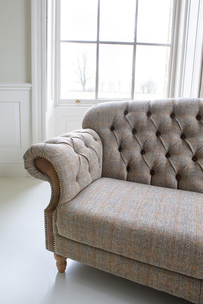 Vintage Sofa Company Haworth 3 Seater Sofa in Hunting Lodge tweed fabric with deep button tufting, scrolled arms and turned wooden legs