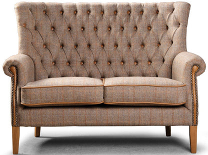 Vintage Sofa Company Hexham 2 Seat Sofa in Hunting Lodge Harris Tweed Fabric with tan leather trim, deep button tufting and brass stud detailing 