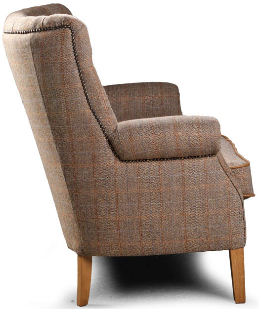 Vintage Sofa Company Hexham 2 Seat Sofa in Hunting Lodge Harris Tweed Fabric with tan leather piping, brass stud detailing and tapered wooden legs