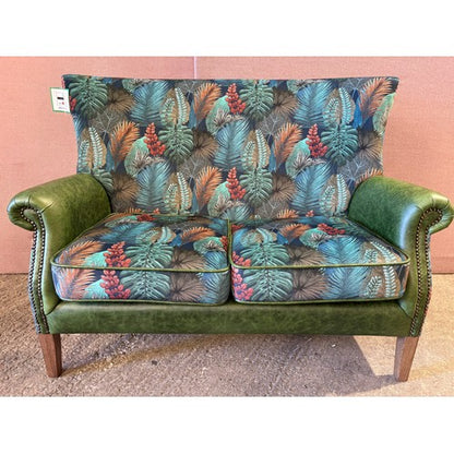 Vintage Sofa Company Hexham two seater sofa in Kingfisher fabric and Bottle Green leather original reference photograph