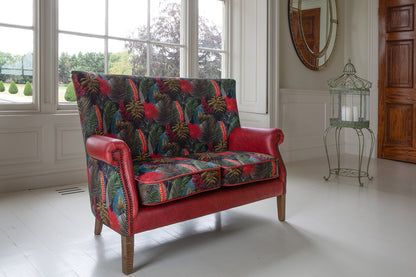 Vintage Sofa Company Hexham 2 Seater in Toucan Fabric and Rosso Leather upholstery with brass stud detailing and antique waxed legs