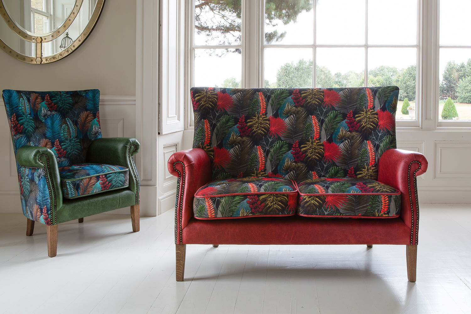 Vintage Sofa Company Hexham 2 Seater Upholstered in Toucan Fabric and Rosso Leather with a high back rest  design, scrolled arms and antiqued waxed legs