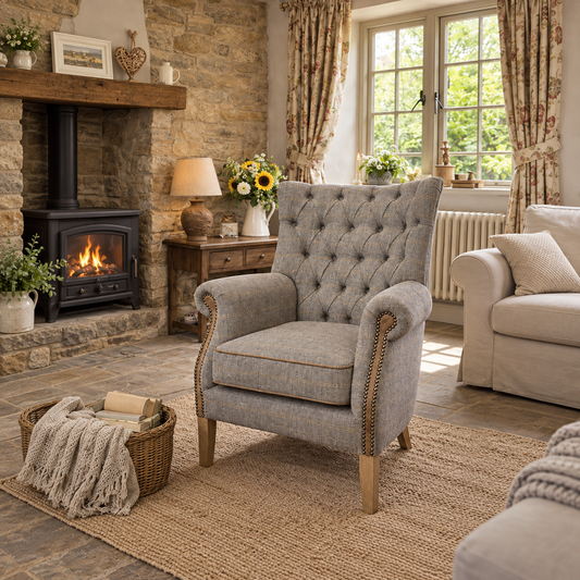 Vintage Sofa Company Hexham Chair in Harrington Tweed showing the complete product in a room setting