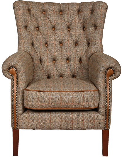 Vintage Sofa Company Hexham Chair in Hunting Lodge Harris Tweed Fabric with deep buttoning and tan leather trim
