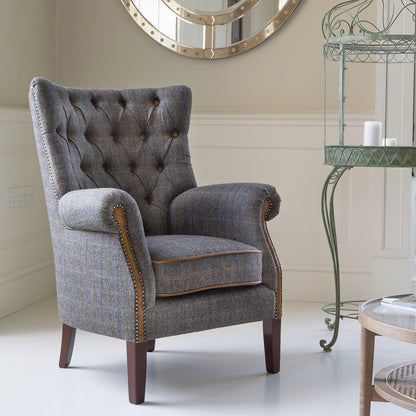 Vintage Sofa Company Hexham Chair in Moreland Harris Tweed fabric with tan leather trim and dark wooden legs