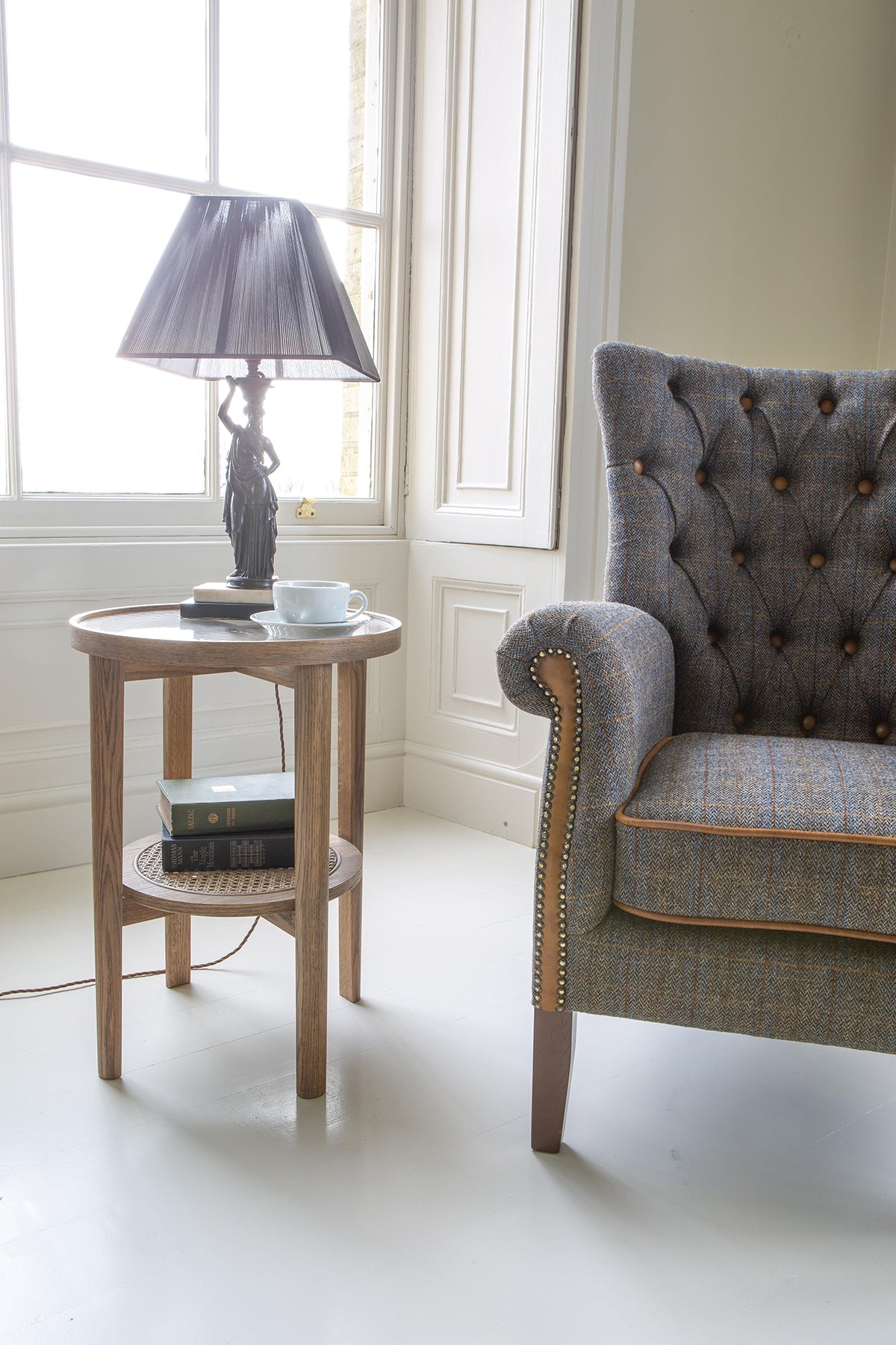 Vintage Sofa Company Hexham Chair in Moreland Harris Tweed upholstery with tan leather trim, brass stud detail and dark wooden legs