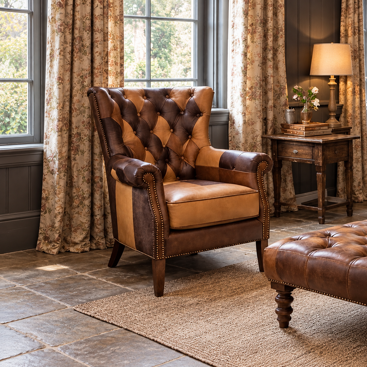 Vintage Sofa Company Hexham Chair in Toffee Patchwork showing the complete product in a room setting