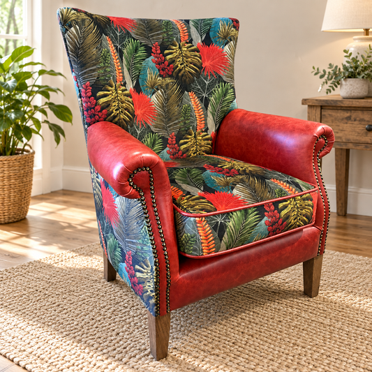 Vintage Sofa Company Hexham chair in Toucan fabric and Rosso red leather shown complete in a living room