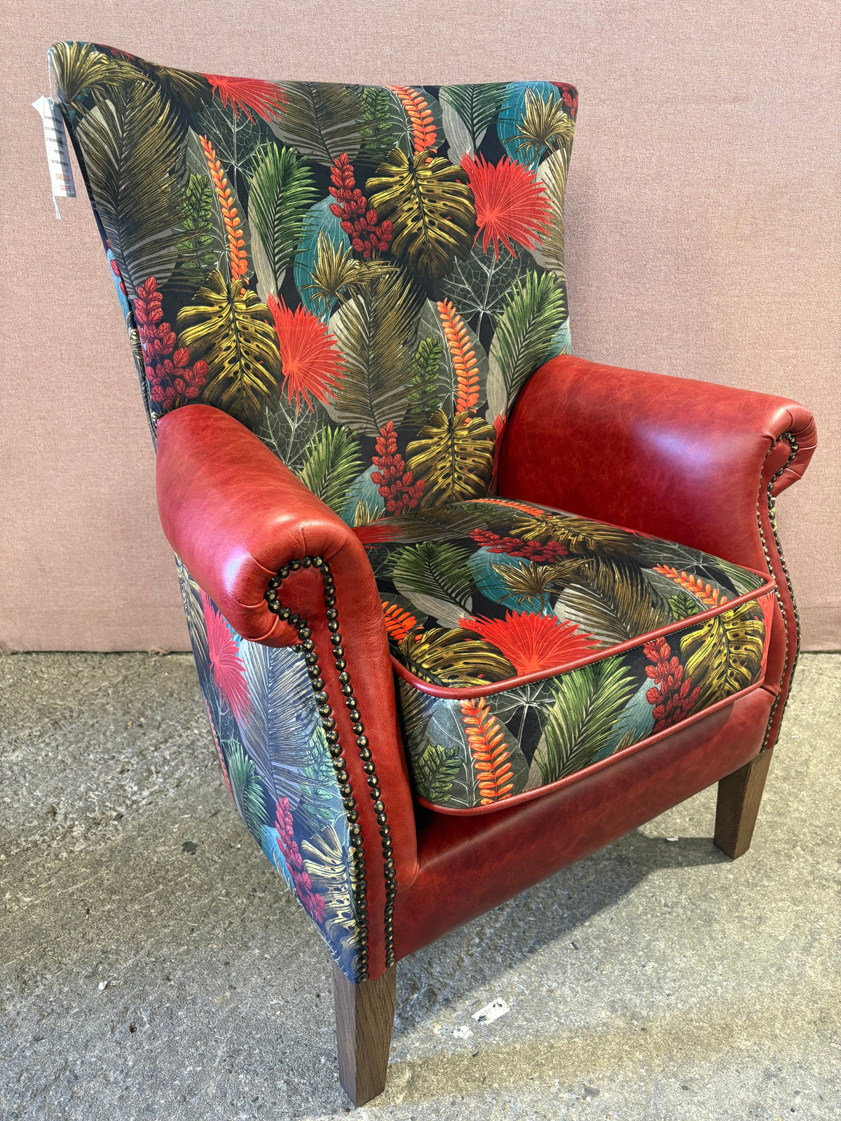 Vintage Sofa Company Hexham chair in Toucan fabric and Rosso red leather original reference photograph