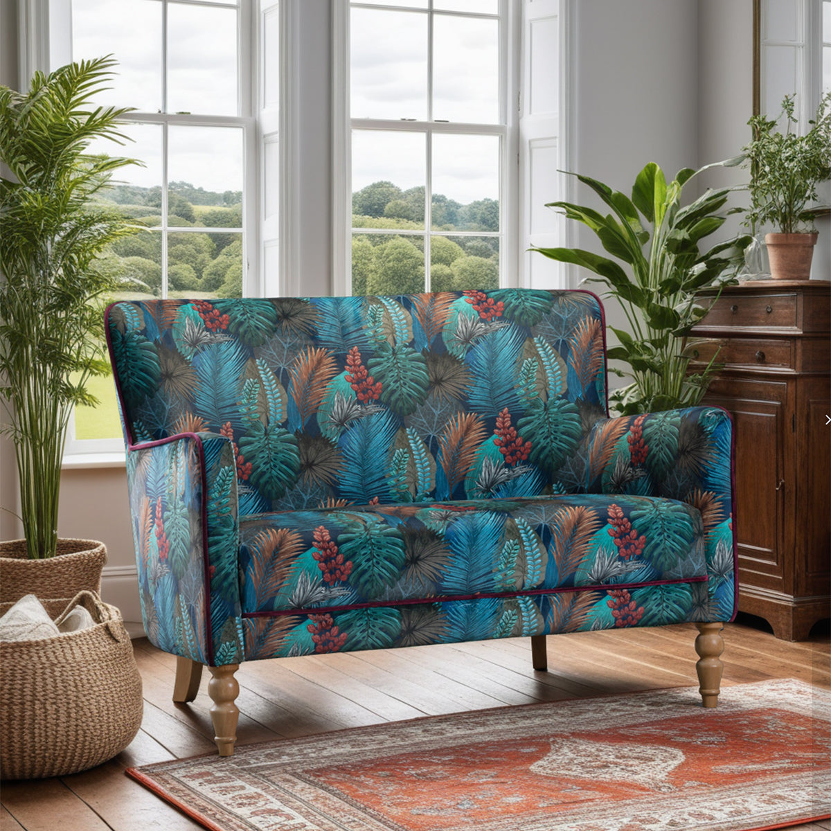 Vintage Sofa Company Howden 2 Seater Sofa in Tropical Leaf Kingfisher fabric gives the Howden instant presence, while the neat two-seater shape keeps it smart and usable. Contrast piping, crisp edges and turned wooden legs give the sofa a more tailored, deliberate look.