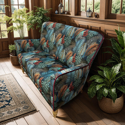 Vintage Sofa Company Howden 2 Seater Sofa in Tropical Leaf Kingfisher upholstery with a contrasting trim and turned wood front legs 