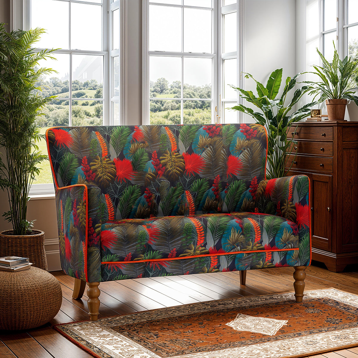 Vintage Sofa Company Howden Compact 2 Seater Sofa in Tropical Leaf Toucan upholstery with contrast piping and turned wooden legs to the front
