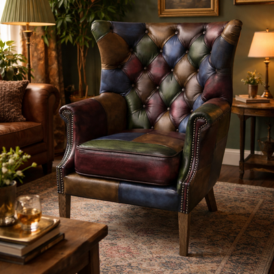 Vintage Sofa Company Kensington Armchair in Hand Antiqued Leather complete product in a room setting
