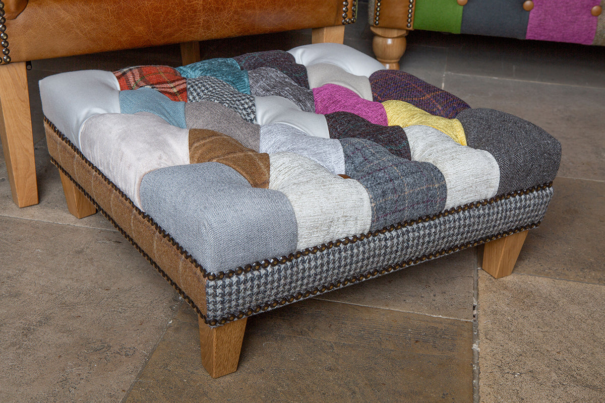 Vintage Sofa Company Kensington Mini Pull Out Patchwork Stool with deep button tufting, brass stud detailing and wooden legs