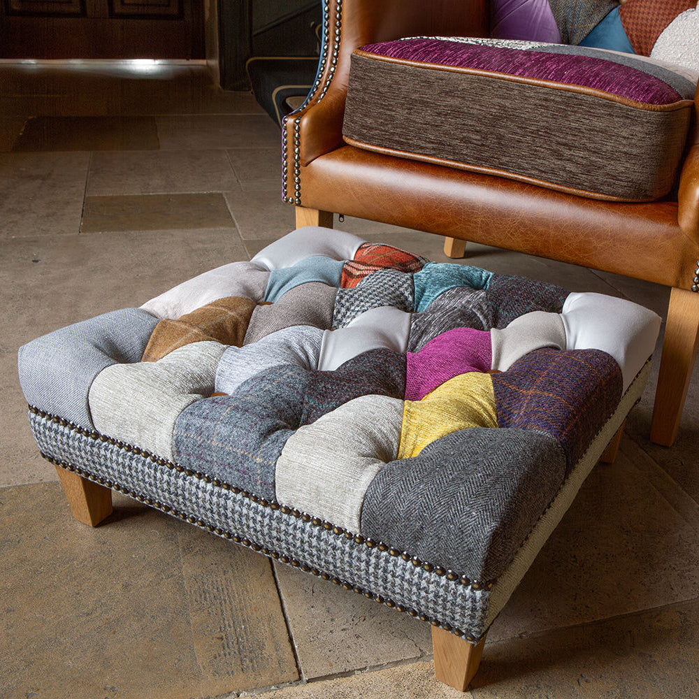 Vintage Sofa Company Kensington Mini Pull Out Patchwork Stool is compact, distinctive and more versatile than a standard footstool, with patchwork upholstery, deep buttoning and a neat wooden base in one characterful piece.