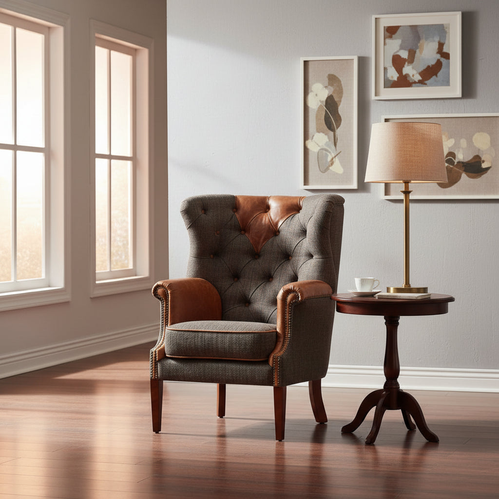 Vintage Sofa Company Kensington Wing Chair in Moreland Harris Tweed Charcoal coloured fabric with tan leather accents. Dark wooden legs and brass stud detailing to the scrolled arms