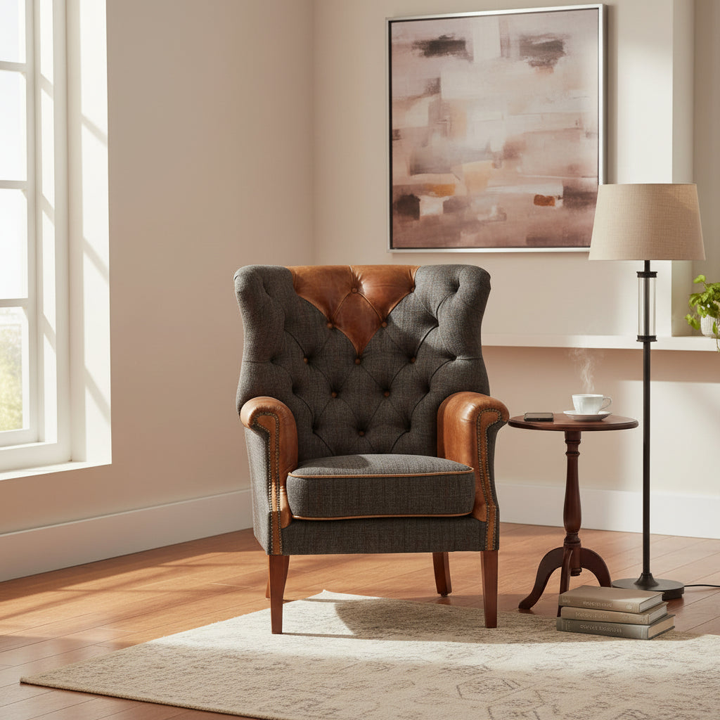 Vintage Sofa Company Kensington Wing Chair in Moreland Harris Charcoal Tweed Fabric with tan leather accents and brass stud detailing 