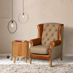 Vintage Sofa Company Kew Armchair Upholstered in Hunting Lodge Harris Tweed Fabric and Tan Leather winged panels, with brass stud detailing and wooden legs 