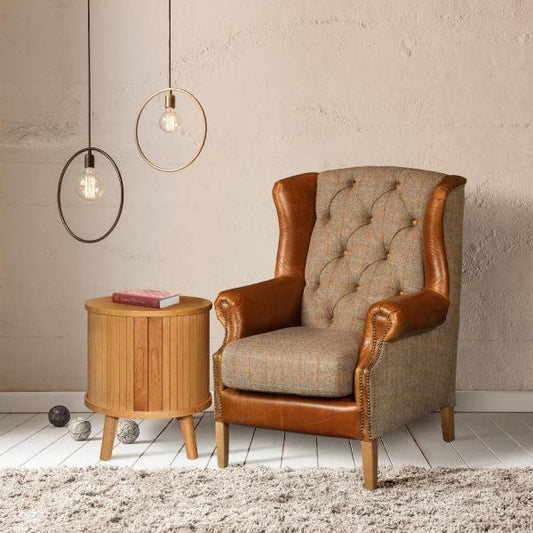 Vintage Sofa Company Kew Armchair Upholstered in Hunting Lodge Harris Tweed Fabric and Tan Leather winged panels, with brass stud detailing and wooden legs 